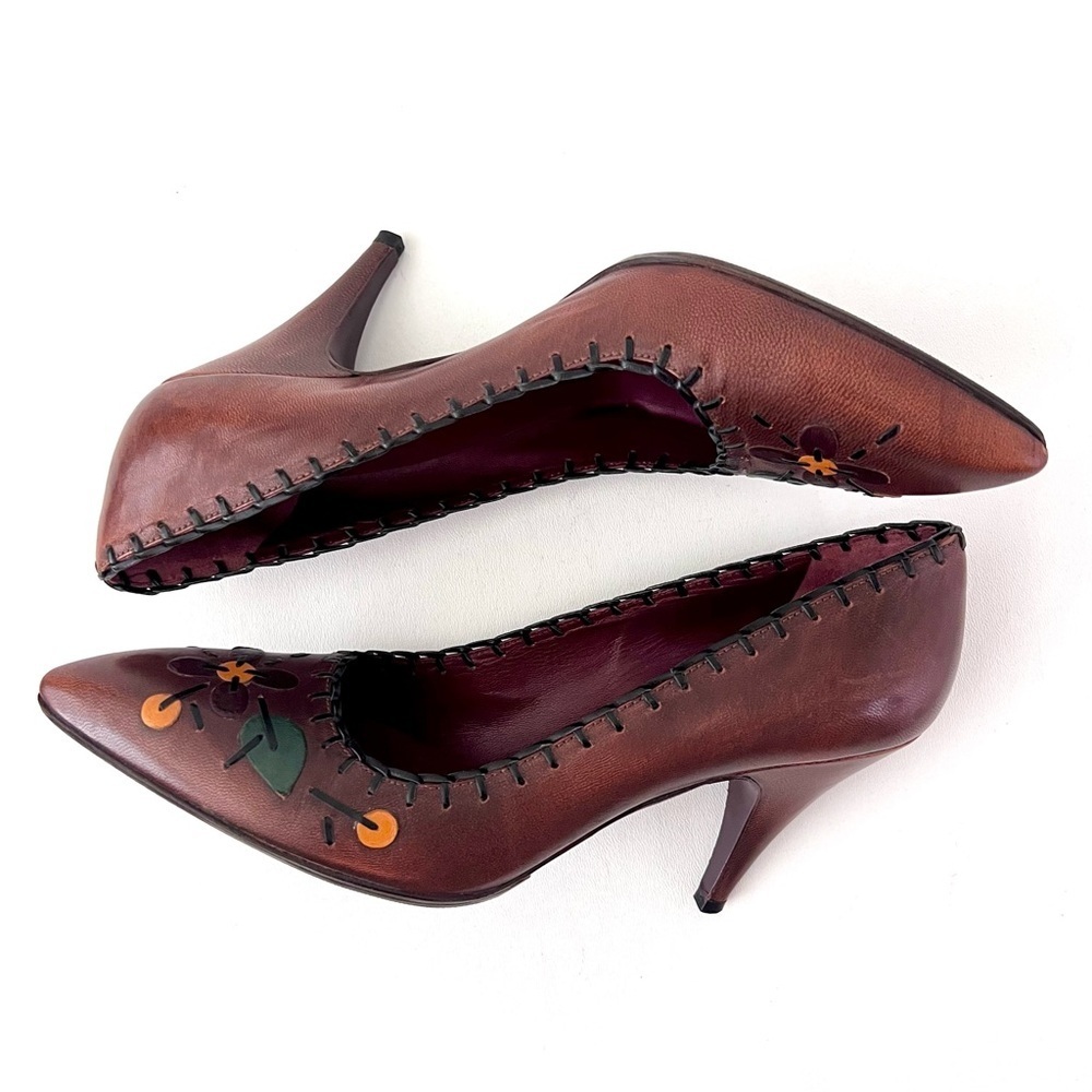 PRADA | Vintage Brown Red Leather Floral Stitch Appliqué Pointed‎ Pumps EU 38.5 - Picture 8 of 11
